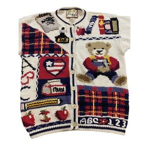 VTG Womens L/G Cream Teddy Bear School Themed Cardigan Sweater Grannycore